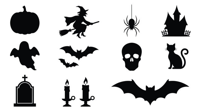 Detailed collection of spooky halloween themed vector icons featuring a witch pumpkin ghost skull bats cat spider candles and a graveyard headstone presented in a sharp crisp minimalist black ink styl