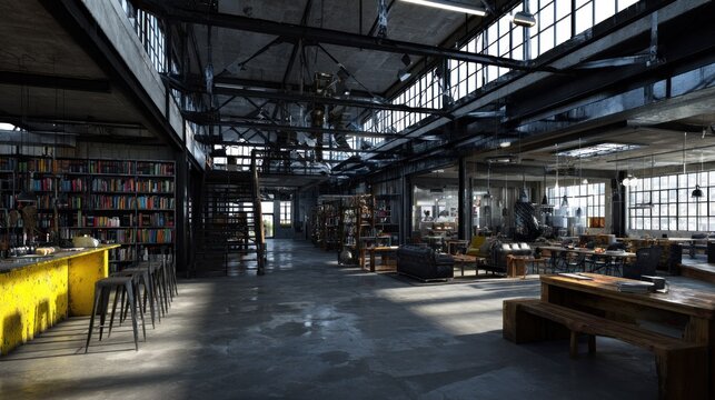 Vast interior space features industrial architecture repurposed into a modern, open-plan communal area