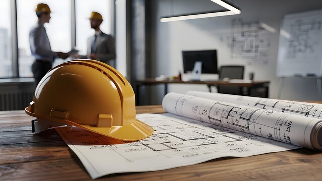 Construction hard hat and architectural blueprints on a wooden office desk with engineers discussing in the background