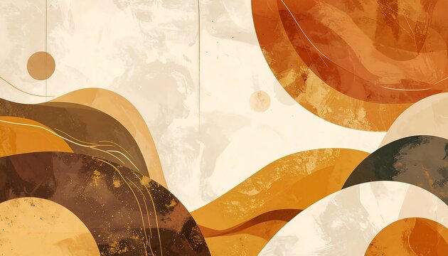 Abstract composition with warm, earthy tones, featuring stylized curves and geometric shapes