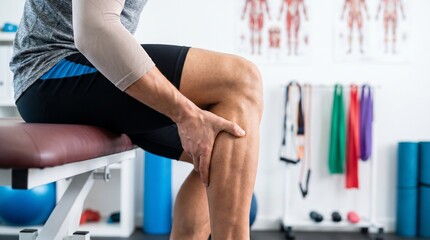 Obraz premium Man holding his lower leg during physical therapy session in clinic