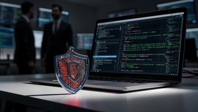 Cybersecurity concept with a digital shield icon and computer code on a laptop screen in a modern office setting