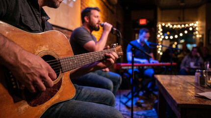 Obraz premium Live acoustic band performing in a dimly lit bar