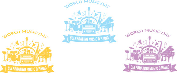 World Music Day Badges Set with Retro Radio, Headphones, and Musical Instruments © MehjabinFatima