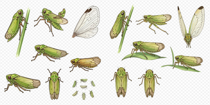 Set of green leafhoppers, cicadas, and their wings in various poses, isolated on a transparent background.