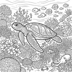 Fototapeta premium Sea Turtle and Coral Reef Underwater Coloring Page