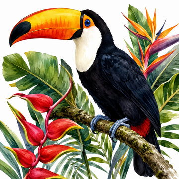 Watercolor Toco Toucan with Tropical Flowers and Jungle Leaves Illustration