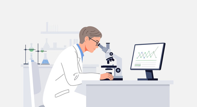 Scientist analyzing sample with microscope in lab, progress chart on computer