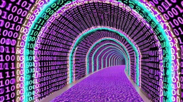 Illuminated digital tunnel composed of flowing binary code streams towards a distant vanishing point