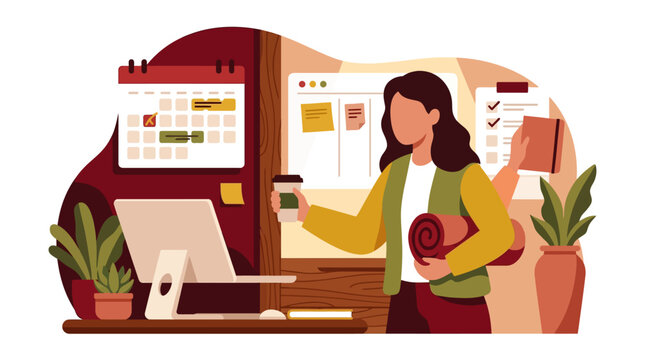 Flat vector illustration of a professional woman multitasking with multiple arms, holding a coffee cup, yoga mat, and book, set against an office backdrop with a calendar.