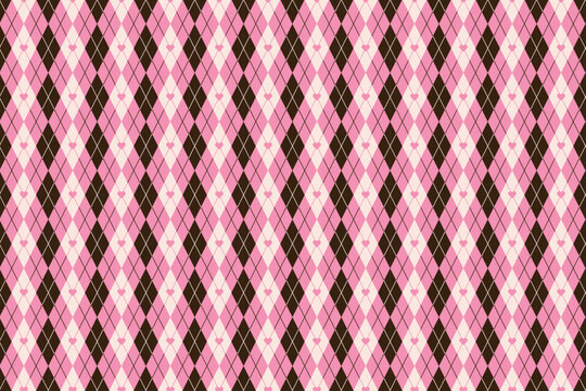Pink Brown Argyle Seamless Pattern with Heart Motif Background Vector