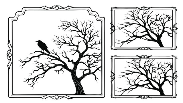 Vector illustration of bare trees with a crow inside ornate frames artistic silhouette seasonal landscape