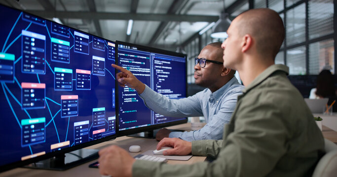 Two Young Software Developers Collaborate Using Visual Workflow Editor