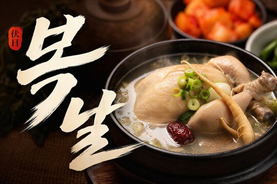 Traditional Korean Samgyetang, a nourishing ginseng chicken soup, served during Boknal summer days with elegant calligraphy.