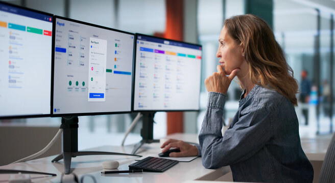 Mature Woman Managing Payroll System, Tracking Salaries