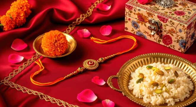 Traditional gold indian wedding jewelry with red rose petals