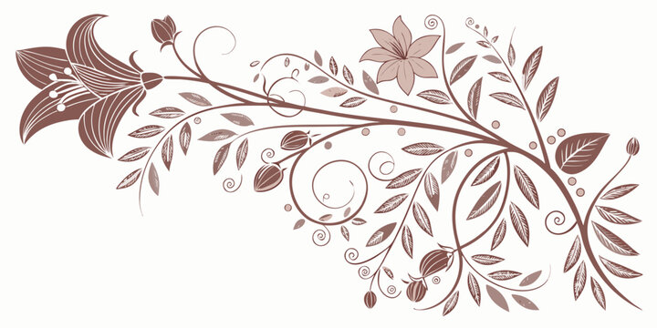 Ornate decorative floral branch illustration with detailed petals and scrolling tendrils decorative ornament botanical tendrils illustration blooming invitation stationery romantic aesthetic