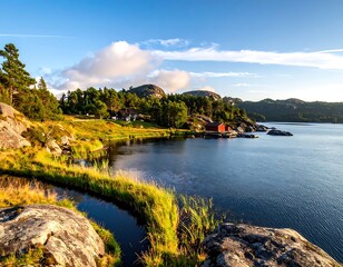 Obraz premium A serene lake scene with rocky shoreline