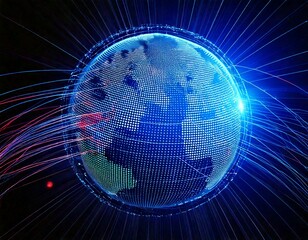 Obraz premium Digital Earth Network with Glowing Fiber Optic Pathways Illustrating Global Connectivity and Futuristic Technology