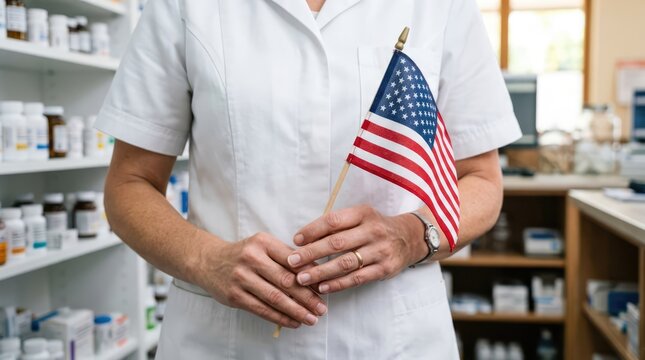 A pharmacist holding the American flag in a pharmacy