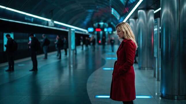 Blonde woman in red coat waiting on modern subway platform with commuters. Cinematic metro station for urban transportation and commuting.