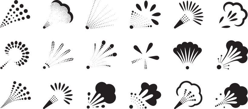 atomized dispersion black ink splatter and spray, patterns, vector set