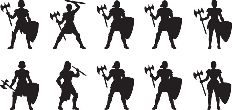 Collection of female, fighter silhouettes with double axes, and shields,