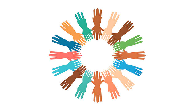 diverse hands forming a circle symbolizing unity and teamwork, community support and inclusion, global connection, diverse people working together