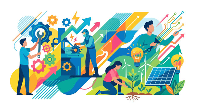 Flat vector illustration of diverse workers including a mechanic, industrial technician, gardener, and tech specialist representing labor day and green energy progress.