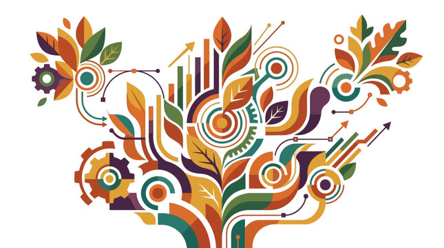 Abstract vector illustration of a tree merging autumn leaves with business elements such as gears, bar graphs, and arrows in a warm fall color palette on a white background.