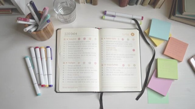 Open notebook with colorful markers and sticky notes on a desk, showing organized lists and tasks, surrounded by a glass of water and books in a cozy study environment