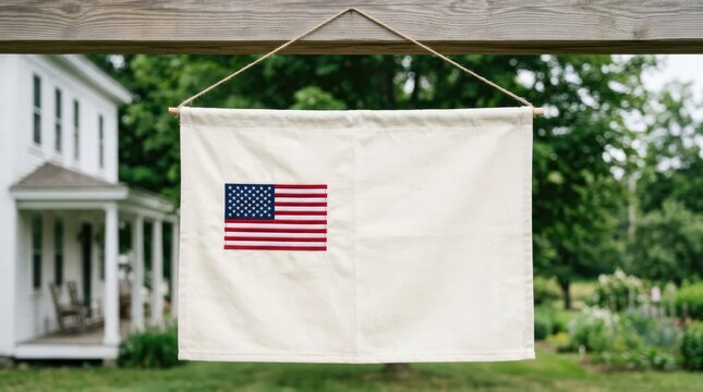 A historic American flag hangs on a wooden beam in front of a white house. The flag has the iconic stars and stripes pattern on a white background, symbolizing patriotism and heritage.