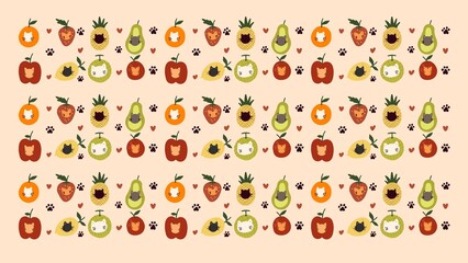 Whimsical cat and fruit seamless pattern featuring cartoon kitten faces in tropical and summer fruits © Indah Riani