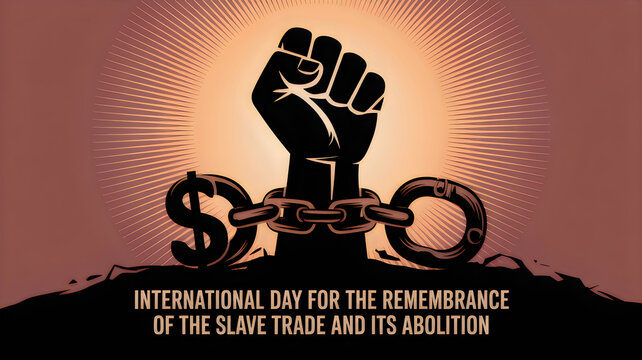 Raised fist breaking iron chains representing the international day for the remembrance of the slave trade and its abolition