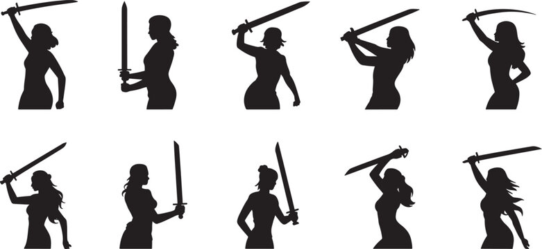 Set of female, warrior, silhouettes holding, swords, in various fighting poses