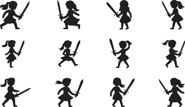Set of silhouettes of little girls, holding swords, in action poses