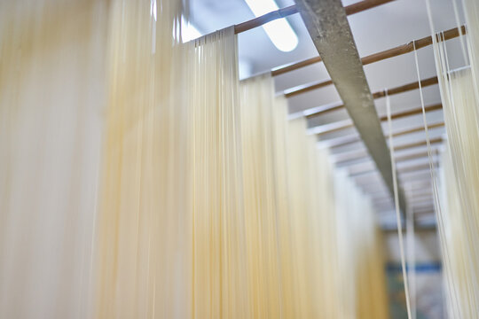 Thin white somyeon hanging from wooden racks in a classic Korean production facility. Soft focus highlights the fine texture of these culinary staples during the indoor curing process.