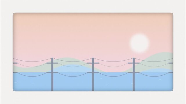 Minimalist mountain landscape with power lines and glowing sun flat aesthetic animation seamless loop side scrolling background for lofi motion graphics