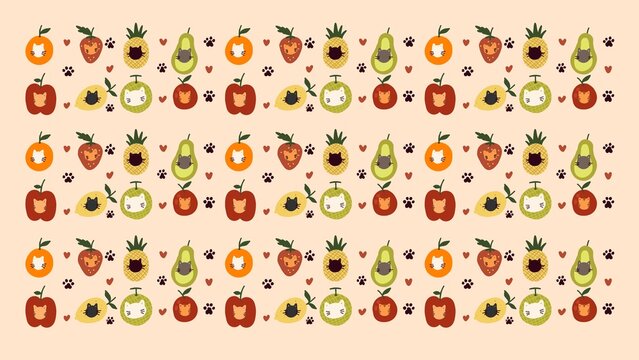 Whimsical cat and fruit seamless pattern featuring cartoon kitten faces in tropical and summer fruits