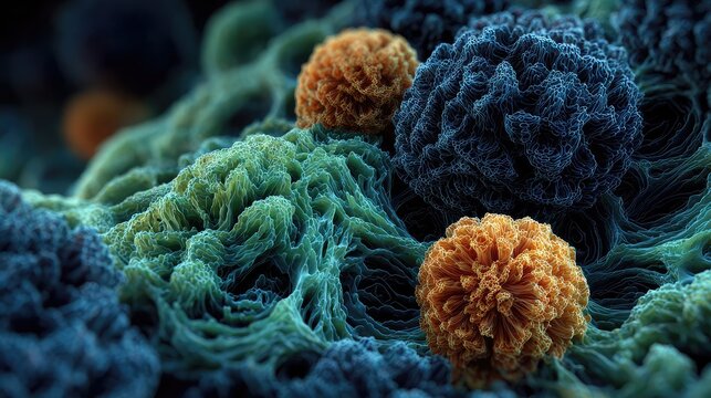 Microscopic marine organisms on coral reef in deep blue underwater environment