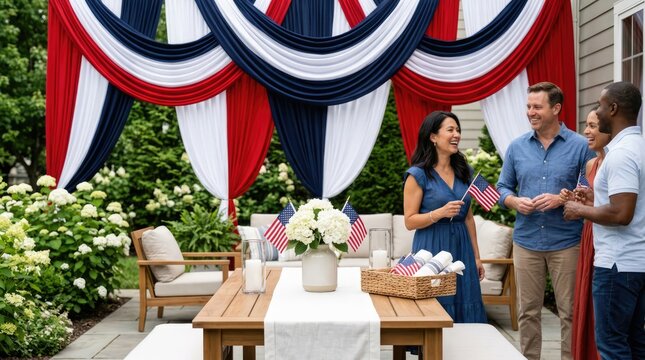 A happy multiracial group of friends enjoying a festive backyard gathering with patriotic decorations