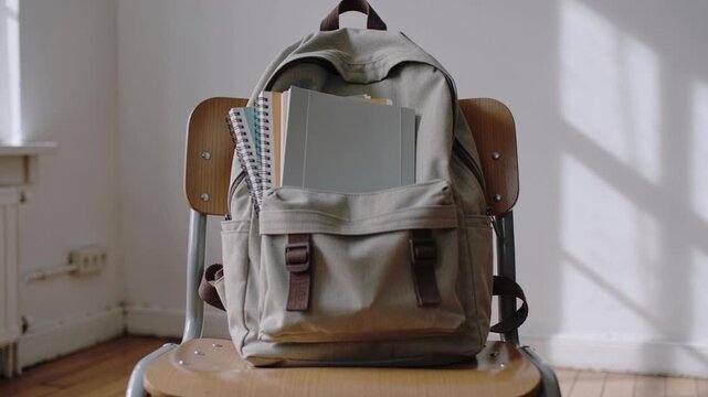 Back to School. Backpack with school supplies including notebooks and folders placed on a wooden chair in a well-lit classroom setting with sunlight streaming through the window