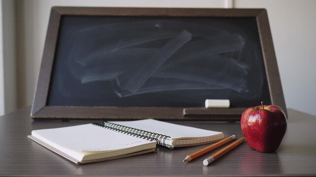 Back to School. Classroom desk setup featuring a red apple, spiral notebook, and pencils beside a chalkboard with erased markings in a bright educational environment
