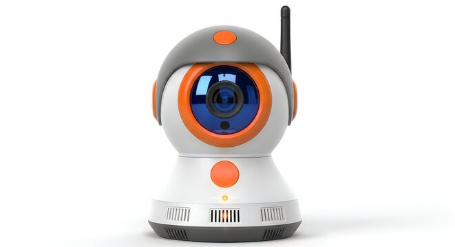 Modern smart home surveillance camera featuring a sleek orange and grey design with a blue lens isolated on white background