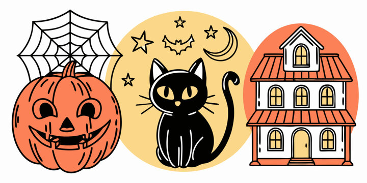 Halloween illustrations featuring pumpkin black cat and haunted house vector