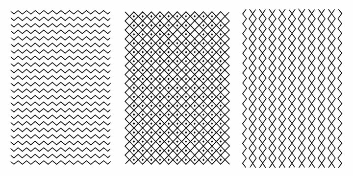 Geometric patterns on a white background featuring zigzag diamond and lattice designs