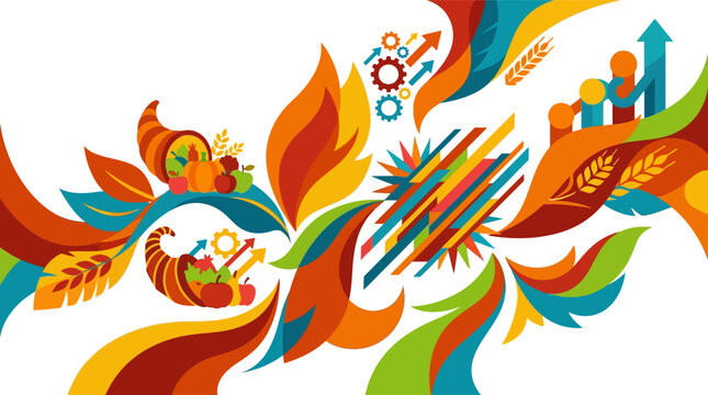 Abstract vector illustration of Thanksgiving cornucopia with pumpkins and fruit integrated with business growth symbols like gears, upward arrows, and bar charts on white background.