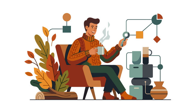 Flat vector illustration of a man sitting in an armchair wearing a knit sweater, drinking a hot beverage while interacting with abstract infographics and stylized autumn foliage.