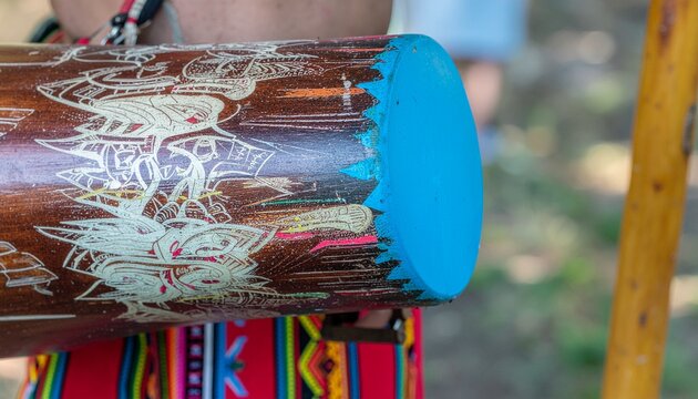 A person holds a decorated wooden didgeridoo with blue cap outdoors.