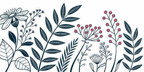 Minimalist botanical illustration with dark leafy branches and pink berry stems botanical illustration minimalist decoration wallpaper abstract blooming decorative aesthetic background © Gf